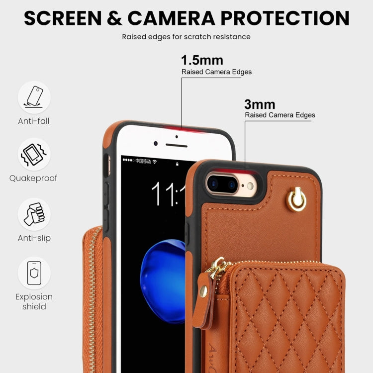 Pour iPhone 7 Plus / 8 Plus Coque de Téléphone en Cuir Rhombique avec Fermeture éclair et Bandoulière AwQuer (Marron)