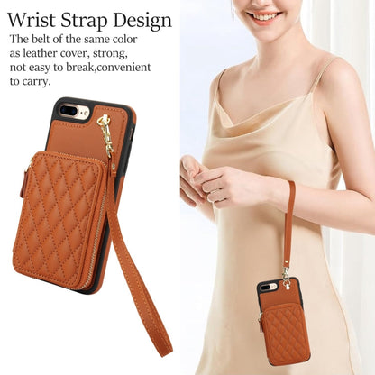 Pour iPhone 7 Plus / 8 Plus Coque de Téléphone en Cuir Rhombique avec Fermeture éclair et Bandoulière AwQuer (Marron)