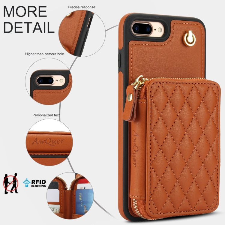 Pour iPhone 7 Plus / 8 Plus Coque de Téléphone en Cuir Rhombique avec Fermeture éclair et Bandoulière AwQuer (Marron)