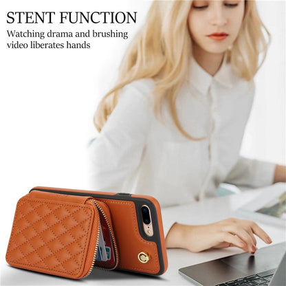 Pour iPhone 7 Plus / 8 Plus Coque de Téléphone en Cuir Rhombique avec Fermeture éclair et Bandoulière AwQuer (Marron)