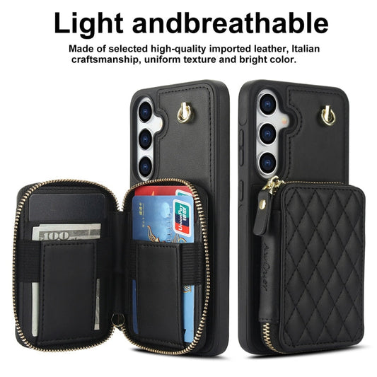 Pour Samsung Galaxy S24 / S25 5G Coque Téléphone Arrière en Cuir Losangée avec Portefeuille et Fermeture Éclair AwQuer (Noir)
