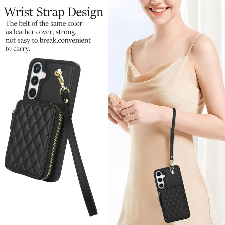 For Samsung Galaxy S24 / S25 5G AwQuer Crossbody Zipper Wallet Rhombic Leather Back Phone Case(Black)