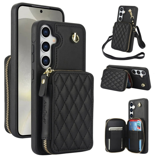 Pour Samsung Galaxy S24 / S25 5G Coque Téléphone Arrière en Cuir Losangée avec Portefeuille et Fermeture Éclair AwQuer (Noir)