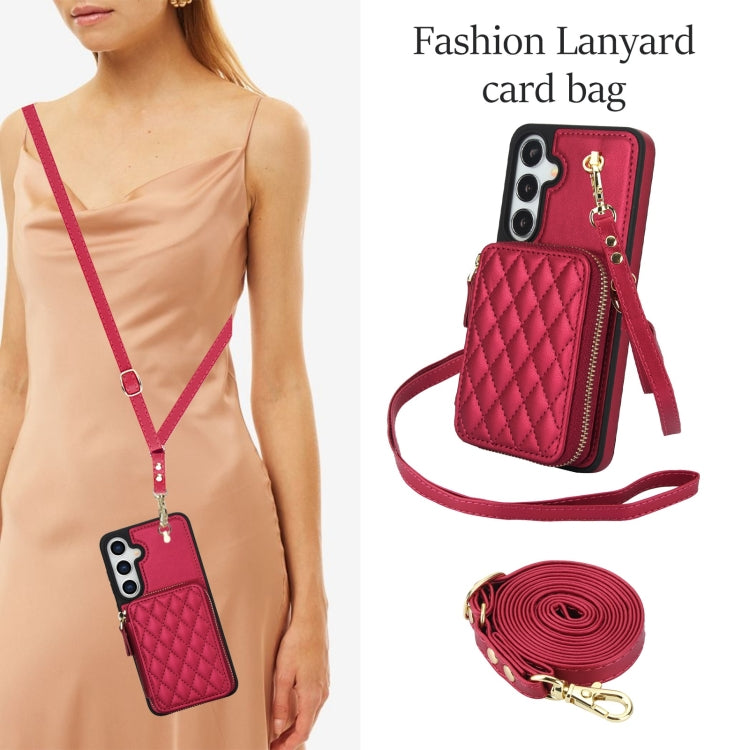 For Samsung Galaxy S24 / S25 5G AwQuer Crossbody Zipper Wallet Rhombic Leather Back Phone Case(Red)
