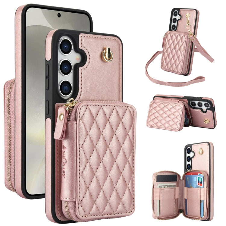 For Samsung Galaxy S24 / S25 5G AwQuer Crossbody Zipper Wallet Rhombic Leather Back Phone Case(Rose Gold)