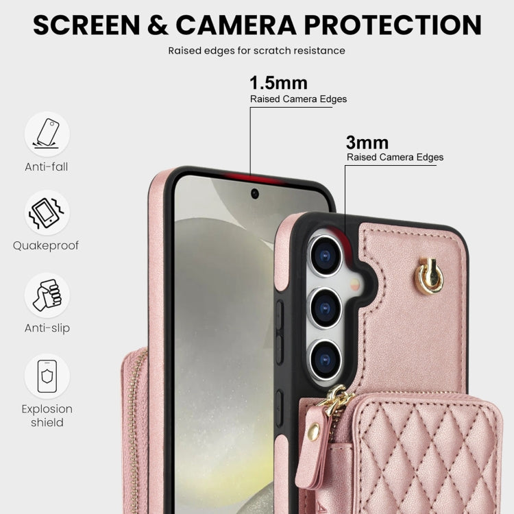 For Samsung Galaxy S24 / S25 5G AwQuer Crossbody Zipper Wallet Rhombic Leather Back Phone Case(Rose Gold)