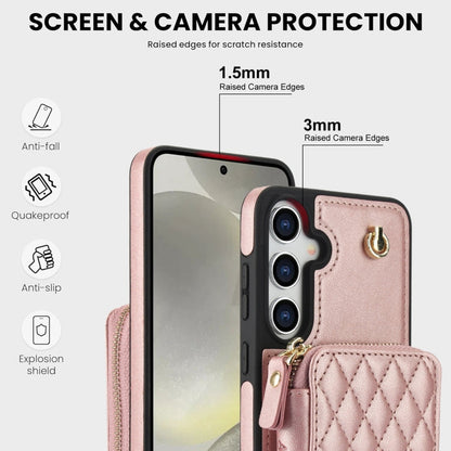 For Samsung Galaxy S24 / S25 5G AwQuer Crossbody Zipper Wallet Rhombic Leather Back Phone Case(Rose Gold)