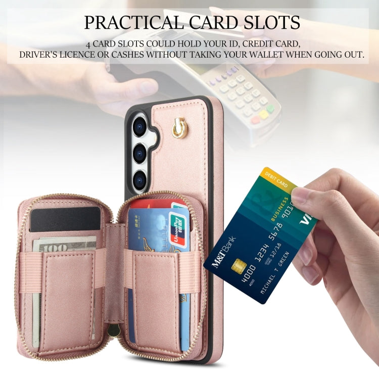 For Samsung Galaxy S24 / S25 5G AwQuer Crossbody Zipper Wallet Rhombic Leather Back Phone Case(Rose Gold)