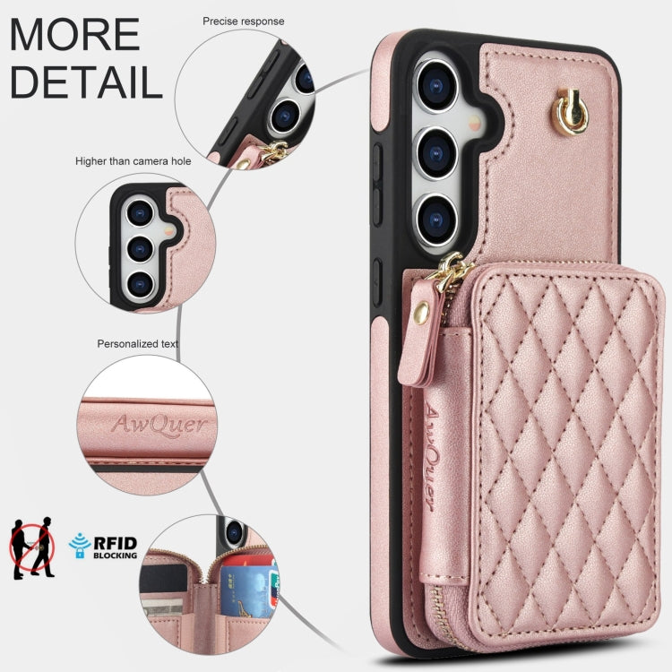 For Samsung Galaxy S24 / S25 5G AwQuer Crossbody Zipper Wallet Rhombic Leather Back Phone Case(Rose Gold)