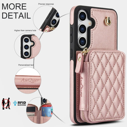 For Samsung Galaxy S24 / S25 5G AwQuer Crossbody Zipper Wallet Rhombic Leather Back Phone Case(Rose Gold)