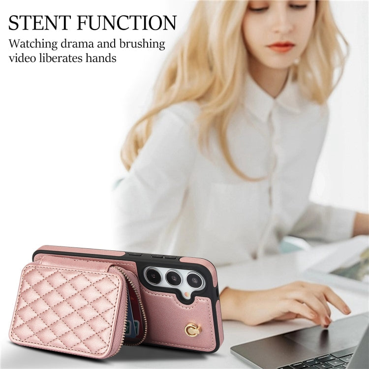For Samsung Galaxy S24 / S25 5G AwQuer Crossbody Zipper Wallet Rhombic Leather Back Phone Case(Rose Gold)