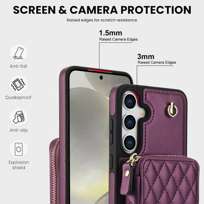 For Samsung Galaxy S24 / S25 5G AwQuer Crossbody Zipper Wallet Rhombic Leather Back Phone Case(Dark Purple)
