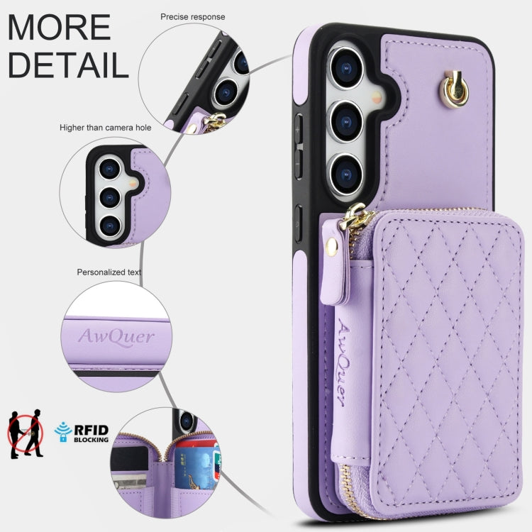 For Samsung Galaxy S24 / S25 5G AwQuer Crossbody Zipper Wallet Rhombic Leather Back Phone Case(Purple)