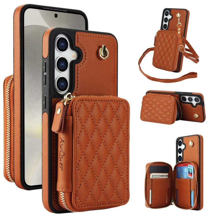 For Samsung Galaxy S24 / S25 5G AwQuer Crossbody Zipper Wallet Rhombic Leather Back Phone Case(Brown)