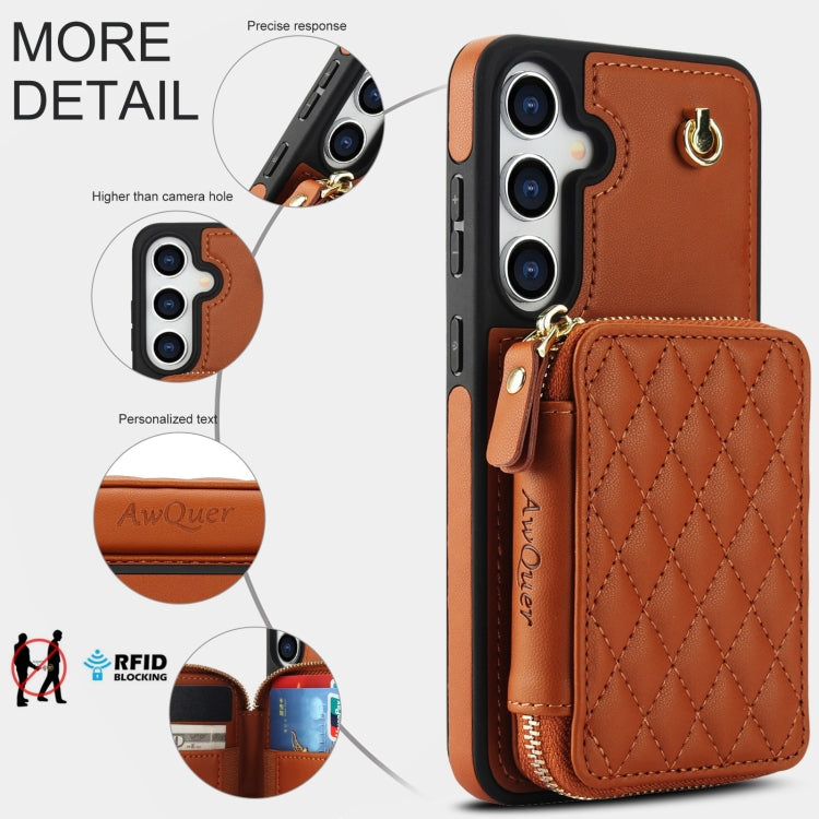 For Samsung Galaxy S24 / S25 5G AwQuer Crossbody Zipper Wallet Rhombic Leather Back Phone Case(Brown)