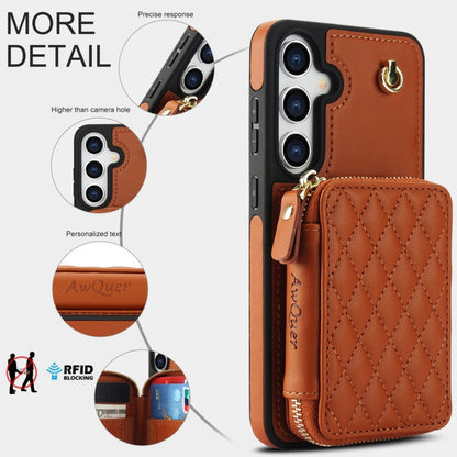 For Samsung Galaxy S24 / S25 5G AwQuer Crossbody Zipper Wallet Rhombic Leather Back Phone Case(Brown)