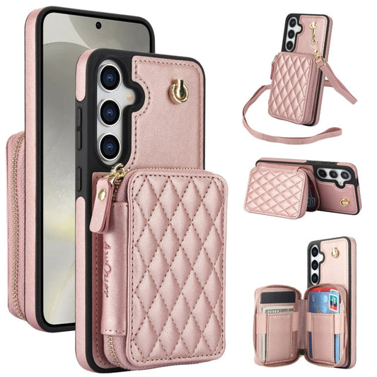 For Samsung Galaxy S24+ / S25+ 5G AwQuer Crossbody Zipper Wallet Rhombic Leather Back Phone Case(Rose Gold)