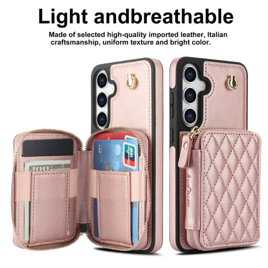 For Samsung Galaxy S24+ / S25+ 5G AwQuer Crossbody Zipper Wallet Rhombic Leather Back Phone Case(Rose Gold)