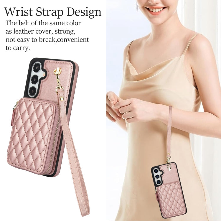 Pour Samsung Galaxy S24+ / S25+ 5G AwQuer Étui portefeuille à glissière en cuir Rhombic (or rose)