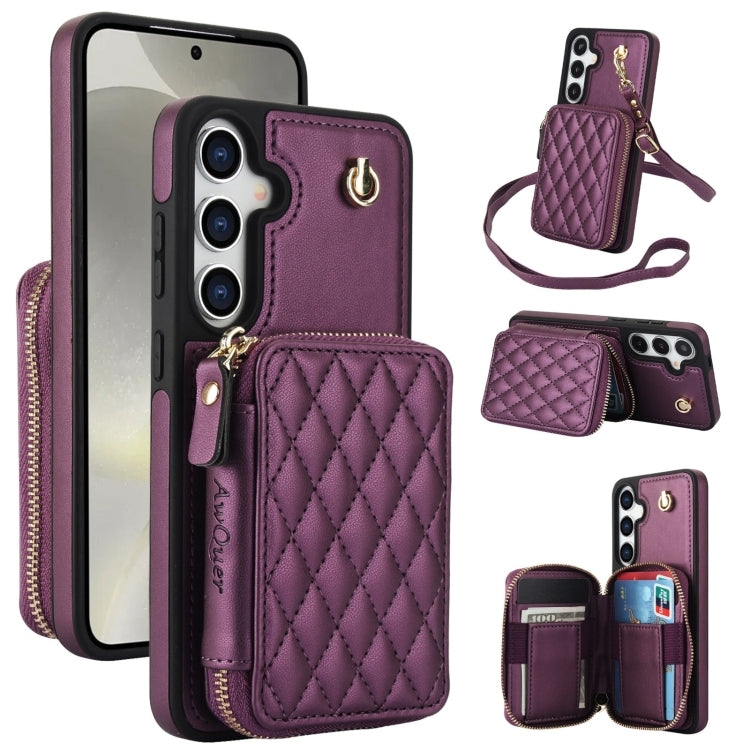 For Samsung Galaxy S24+ / S25+ 5G AwQuer Crossbody Zipper Wallet Rhombic Leather Back Phone Case(Dark Purple)