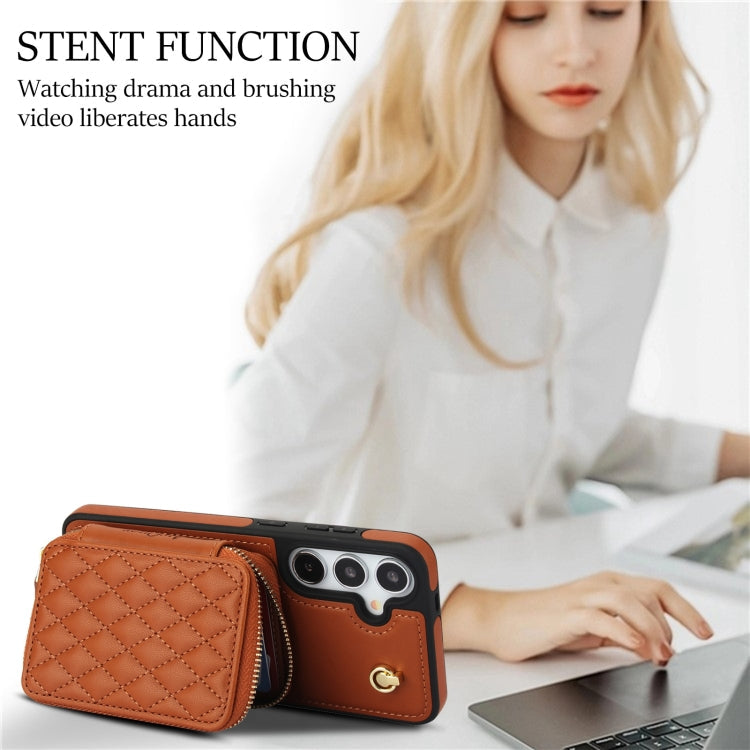 For Samsung Galaxy S24+ / S25+ 5G AwQuer Crossbody Zipper Wallet Rhombic Leather Back Phone Case(Brown)