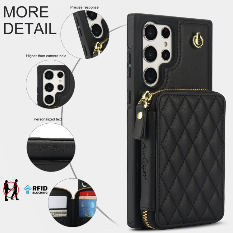For Samsung Galaxy S24 Ultra 5G AwQuer Crossbody Zipper Wallet Rhombic Leather Back Phone Case(Black)