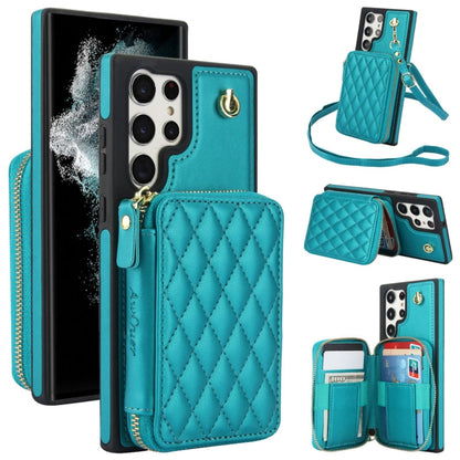 Pour Samsung Galaxy S24 Ultra 5G Étui de Téléphone Arrière en Cuir Rhombique AwQuer avec Portefeuille à Fermeture Éclair Bandoulière (Vert)