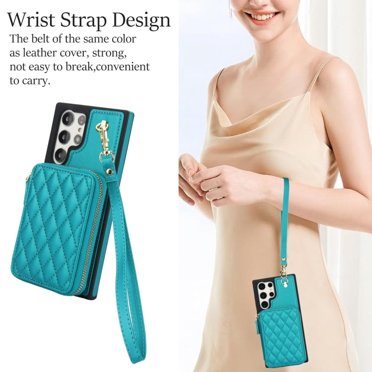 Pour Samsung Galaxy S24 Ultra 5G Étui de Téléphone Arrière en Cuir Rhombique AwQuer avec Portefeuille à Fermeture Éclair Bandoulière (Vert)