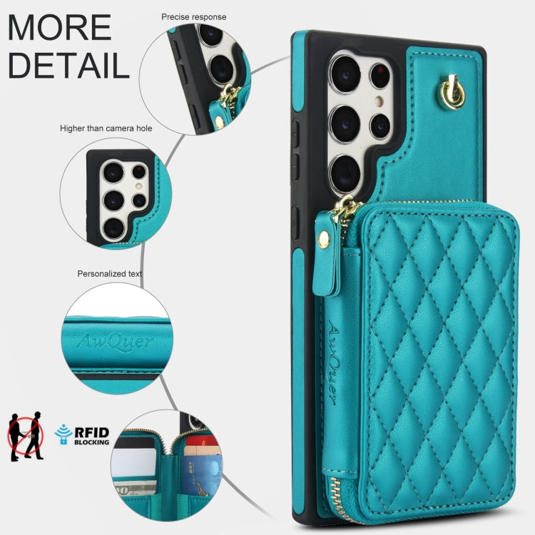 Pour Samsung Galaxy S24 Ultra 5G Étui de Téléphone Arrière en Cuir Rhombique AwQuer avec Portefeuille à Fermeture Éclair Bandoulière (Vert)