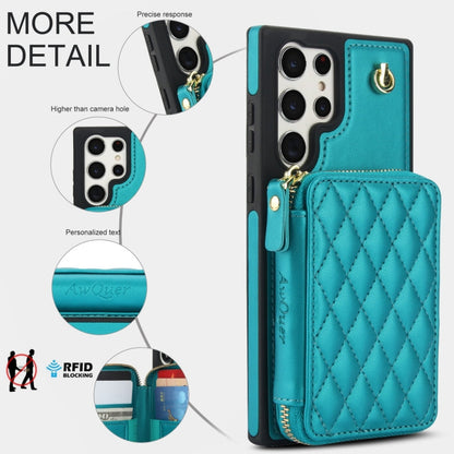 Pour Samsung Galaxy S24 Ultra 5G Étui de Téléphone Arrière en Cuir Rhombique AwQuer avec Portefeuille à Fermeture Éclair Bandoulière (Vert)