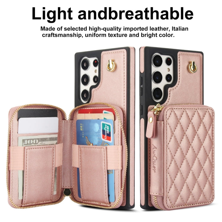 For Samsung Galaxy S24 Ultra 5G AwQuer Crossbody Zipper Wallet Rhombic Leather Back Phone Case(Rose Gold)