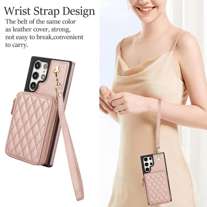 For Samsung Galaxy S24 Ultra 5G AwQuer Crossbody Zipper Wallet Rhombic Leather Back Phone Case(Rose Gold)