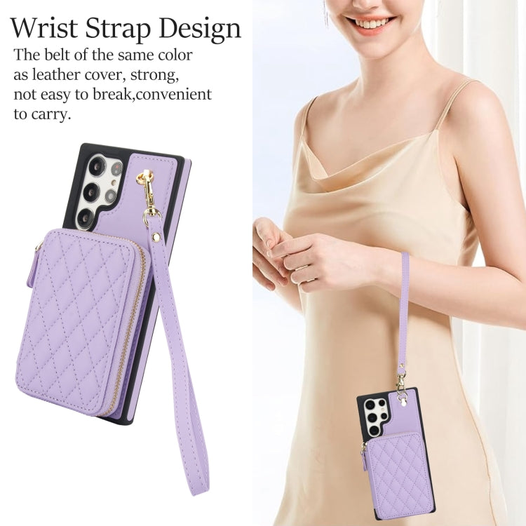 For Samsung Galaxy S24 Ultra 5G AwQuer Crossbody Zipper Wallet Rhombic Leather Back Phone Case(Purple)
