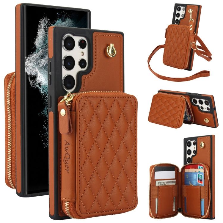 Pour Samsung Galaxy S24 Ultra 5G AwQuer Étui portefeuille à bandoulière en cuir losanges avec fermeture éclair (marron)