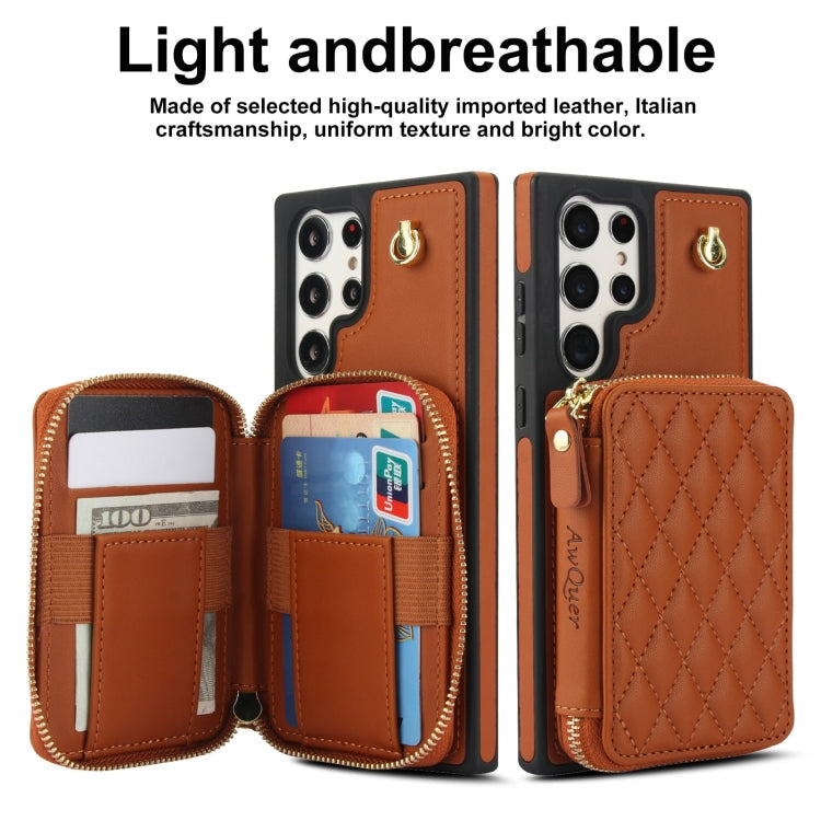 Pour Samsung Galaxy S24 Ultra 5G AwQuer Étui portefeuille à bandoulière en cuir losanges avec fermeture éclair (marron)