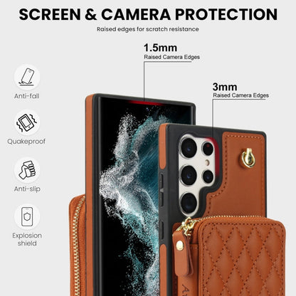 Pour Samsung Galaxy S24 Ultra 5G AwQuer Étui portefeuille à bandoulière en cuir losanges avec fermeture éclair (marron)