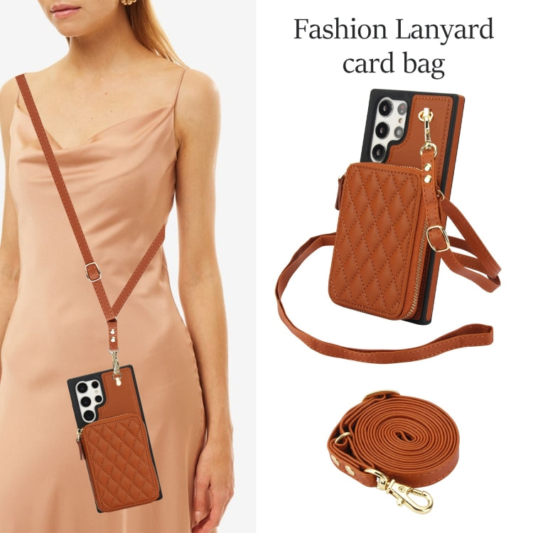 Pour Samsung Galaxy S24 Ultra 5G AwQuer Étui portefeuille à bandoulière en cuir losanges avec fermeture éclair (marron)