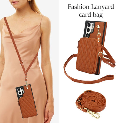 Pour Samsung Galaxy S24 Ultra 5G AwQuer Étui portefeuille à bandoulière en cuir losanges avec fermeture éclair (marron)