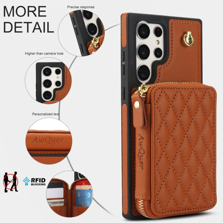 Pour Samsung Galaxy S24 Ultra 5G AwQuer Étui portefeuille à bandoulière en cuir losanges avec fermeture éclair (marron)