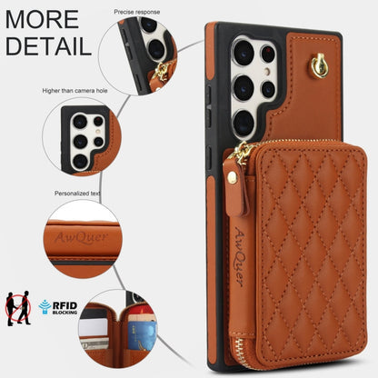 Pour Samsung Galaxy S24 Ultra 5G AwQuer Étui portefeuille à bandoulière en cuir losanges avec fermeture éclair (marron)