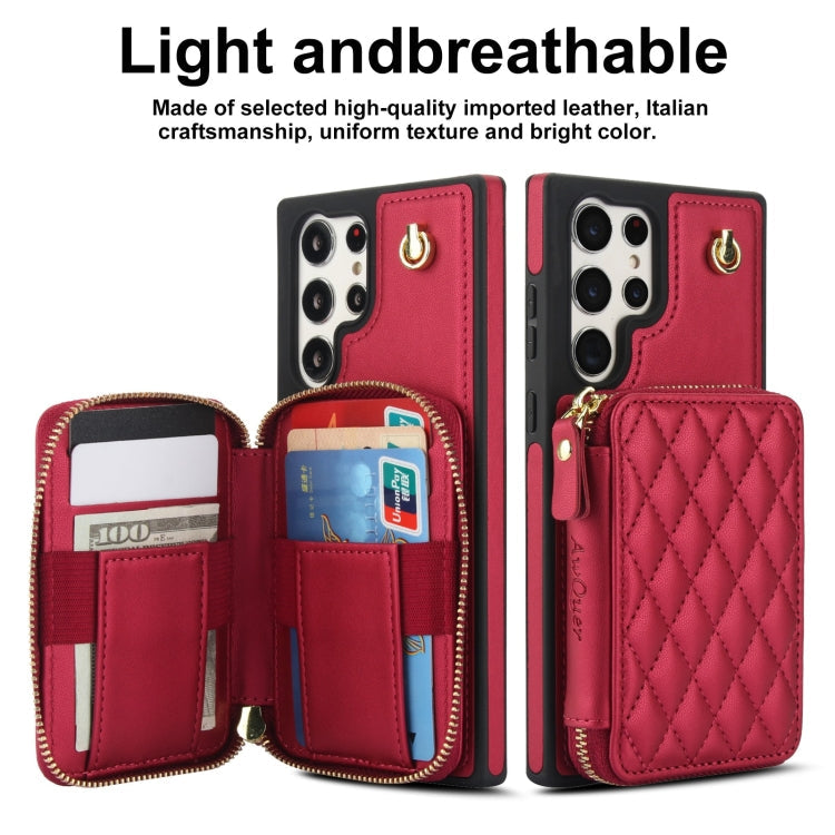 For Samsung Galaxy S23 Ultra 5G AwQuer Crossbody Zipper Wallet Rhombic Leather Back Phone Case(Red)
