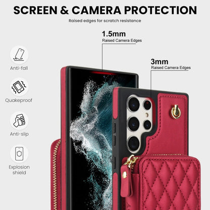 For Samsung Galaxy S23 Ultra 5G AwQuer Crossbody Zipper Wallet Rhombic Leather Back Phone Case(Red)