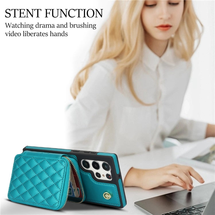 For Samsung Galaxy S23 Ultra 5G AwQuer Crossbody Zipper Wallet Rhombic Leather Back Phone Case(Green)