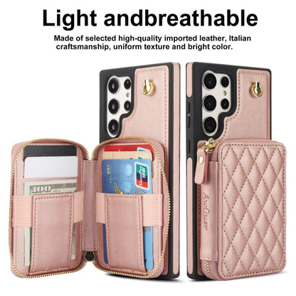 For Samsung Galaxy S23 Ultra 5G AwQuer Crossbody Zipper Wallet Rhombic Leather Back Phone Case(Rose Gold)