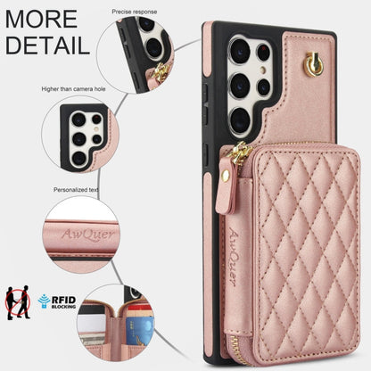 For Samsung Galaxy S23 Ultra 5G AwQuer Crossbody Zipper Wallet Rhombic Leather Back Phone Case(Rose Gold)