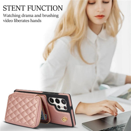 For Samsung Galaxy S23 Ultra 5G AwQuer Crossbody Zipper Wallet Rhombic Leather Back Phone Case(Rose Gold)