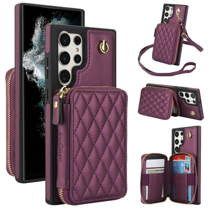 For Samsung Galaxy S23 Ultra 5G AwQuer Crossbody Zipper Wallet Rhombic Leather Back Phone Case(Dark Purple)