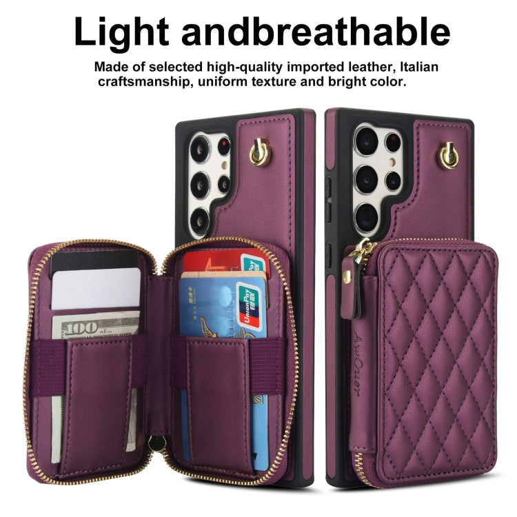 For Samsung Galaxy S23 Ultra 5G AwQuer Crossbody Zipper Wallet Rhombic Leather Back Phone Case(Dark Purple)