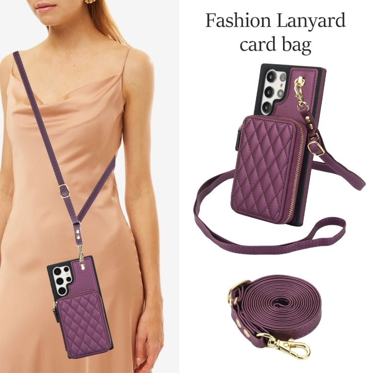 For Samsung Galaxy S23 Ultra 5G AwQuer Crossbody Zipper Wallet Rhombic Leather Back Phone Case(Dark Purple)