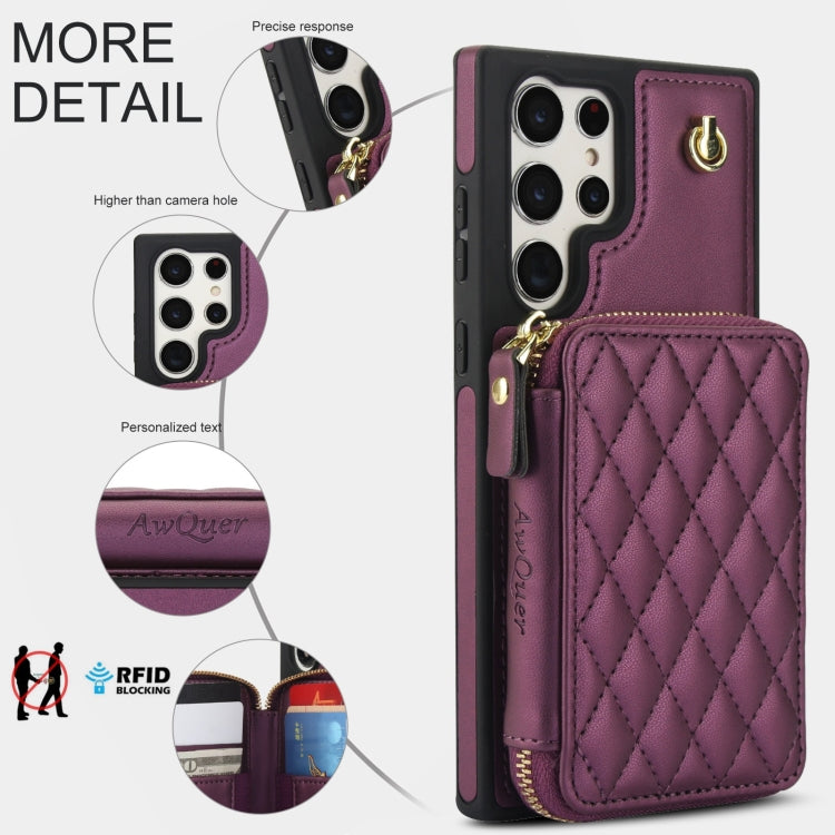 For Samsung Galaxy S23 Ultra 5G AwQuer Crossbody Zipper Wallet Rhombic Leather Back Phone Case(Dark Purple)